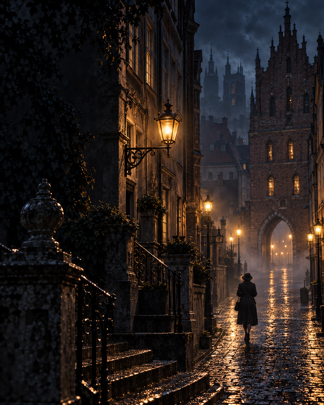 Nocna ulica przedwojennego Gdańska z samotną kobietą we mgle
